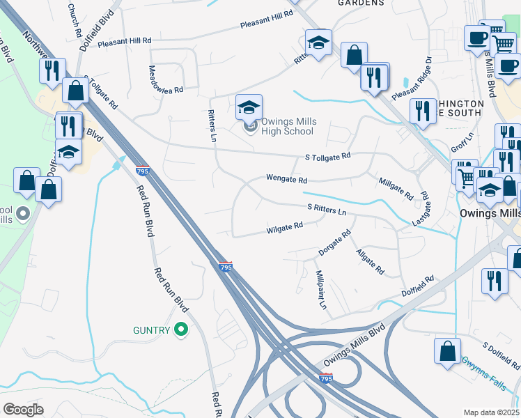map of restaurants, bars, coffee shops, grocery stores, and more near 103 Highgate Court in Owings Mills