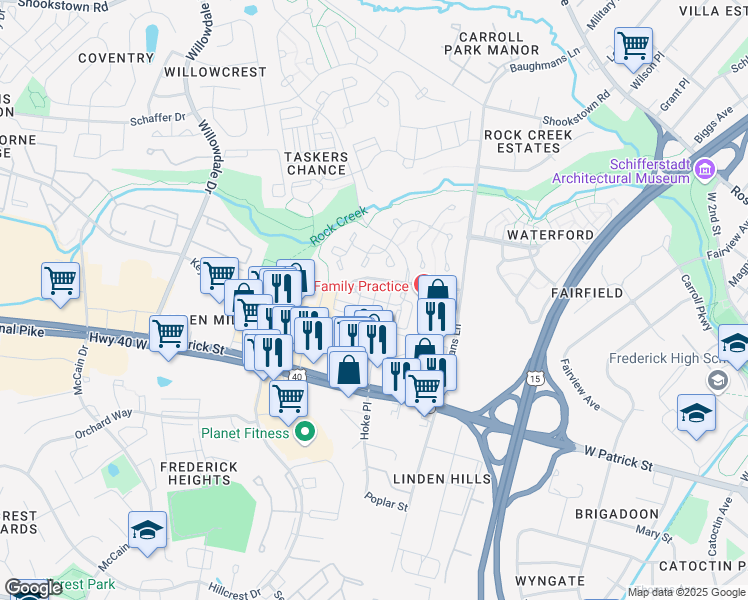 map of restaurants, bars, coffee shops, grocery stores, and more near Featherstone Place in Frederick