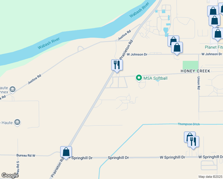 map of restaurants, bars, coffee shops, grocery stores, and more near 1264 West Pine Forest Drive in Terre Haute