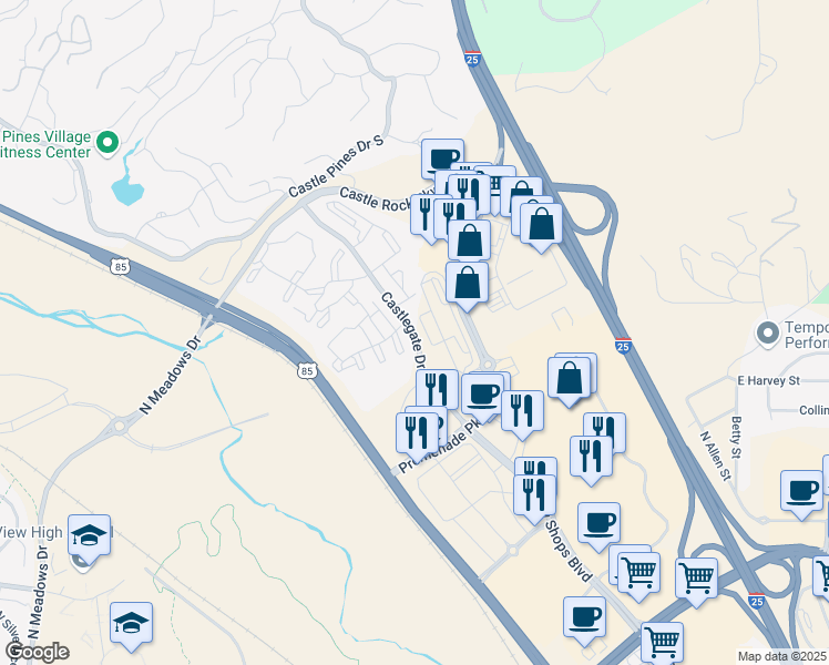 map of restaurants, bars, coffee shops, grocery stores, and more near Castlegate Drive West in Castle Rock