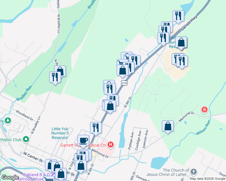 map of restaurants, bars, coffee shops, grocery stores, and more near 4000 Thayer Center in Oakland