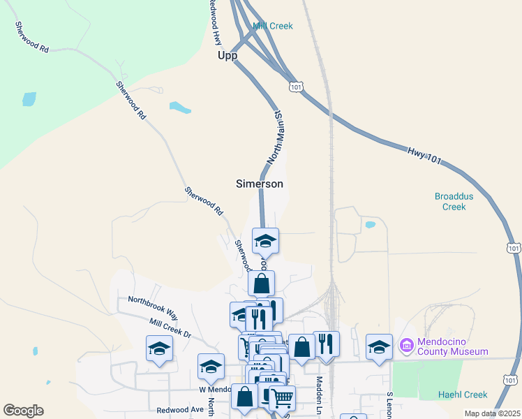 map of restaurants, bars, coffee shops, grocery stores, and more near 376 N Main St in Willits