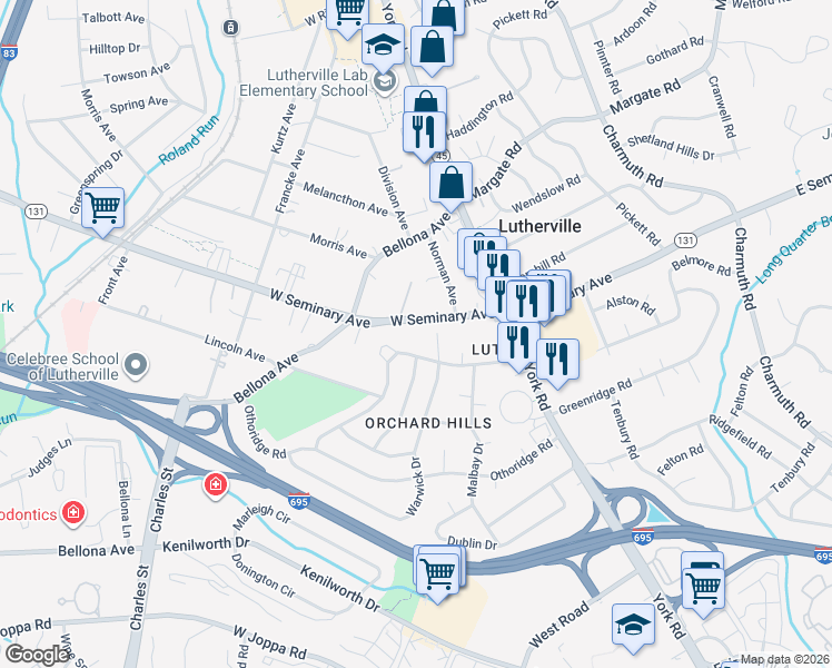 map of restaurants, bars, coffee shops, grocery stores, and more near 113 West Seminary Avenue in Lutherville-Timonium