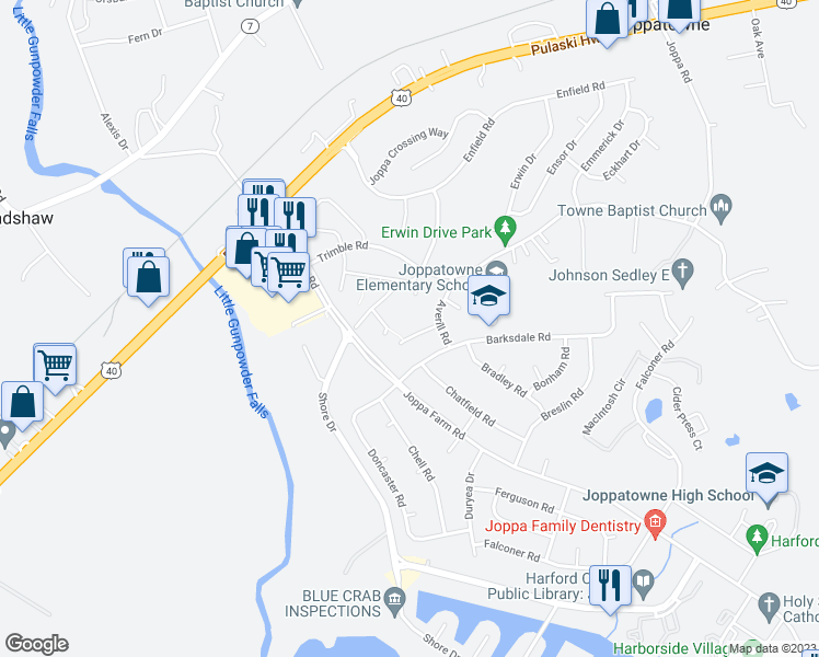 map of restaurants, bars, coffee shops, grocery stores, and more near 316 Adair Court in Harford County