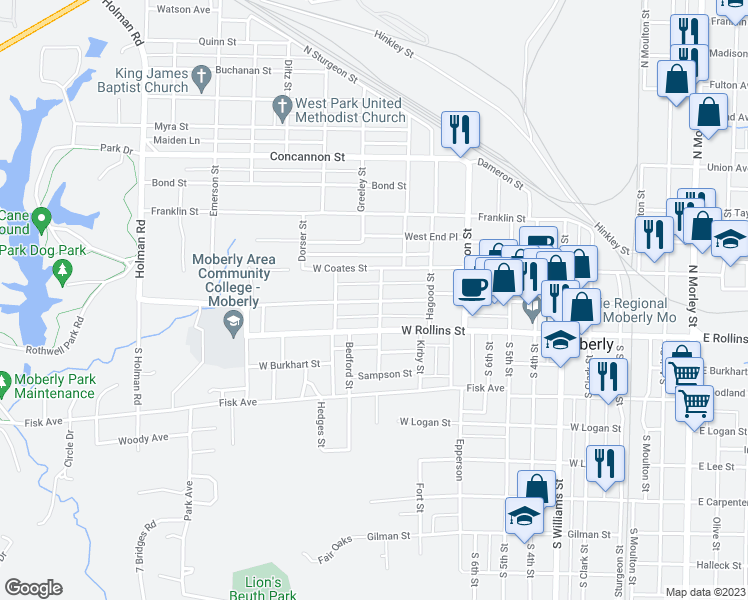 map of restaurants, bars, coffee shops, grocery stores, and more near 815 West Reed Street in Moberly