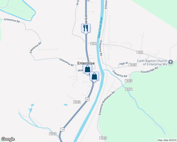 map of restaurants, bars, coffee shops, grocery stores, and more near 10 Enterprise Road in Shinnston