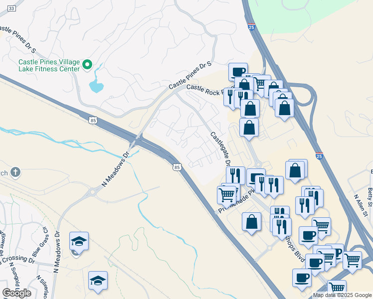 map of restaurants, bars, coffee shops, grocery stores, and more near 6193 Castlegate Drive West in Castle Rock