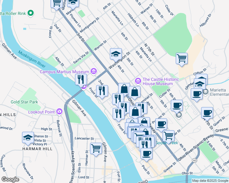 map of restaurants, bars, coffee shops, grocery stores, and more near 508 2nd Street in Marietta