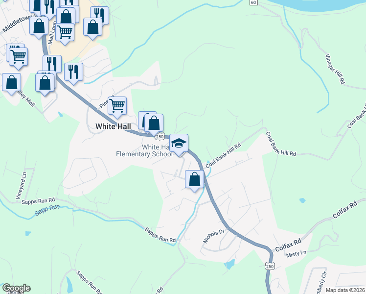 map of restaurants, bars, coffee shops, grocery stores, and more near White Hall Boulevard in White Hall