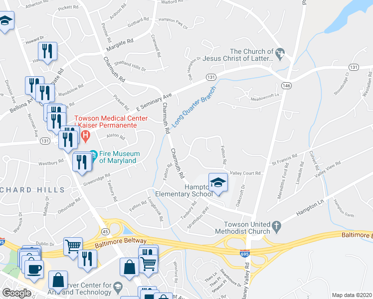 map of restaurants, bars, coffee shops, grocery stores, and more near 1300 Felton Court in Lutherville-Timonium