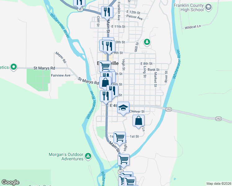 map of restaurants, bars, coffee shops, grocery stores, and more near 513 Franklin Avenue in Brookville