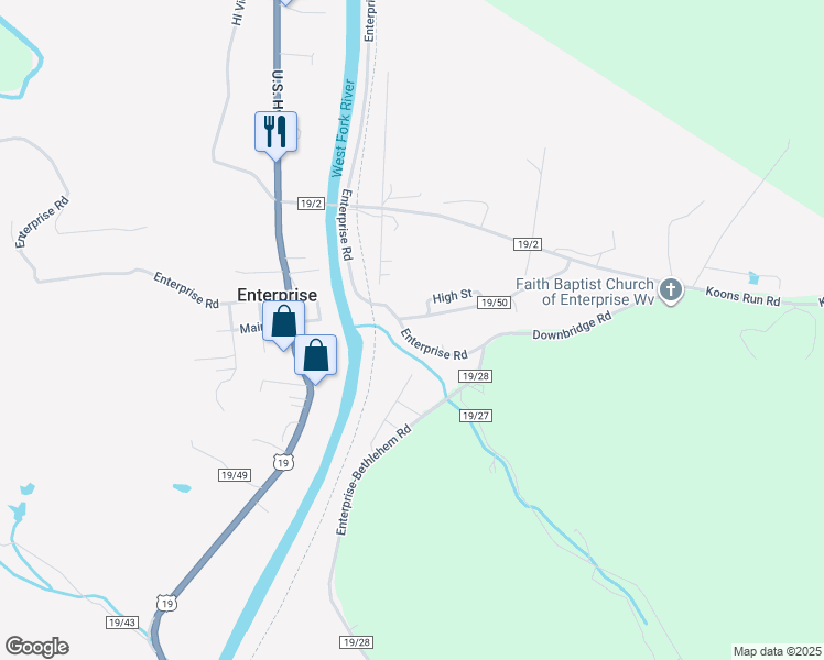 map of restaurants, bars, coffee shops, grocery stores, and more near 616 Downbridge Road in Shinnston