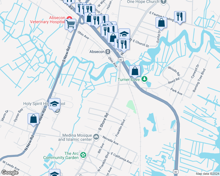 map of restaurants, bars, coffee shops, grocery stores, and more near 19 West Illinois Avenue in Absecon