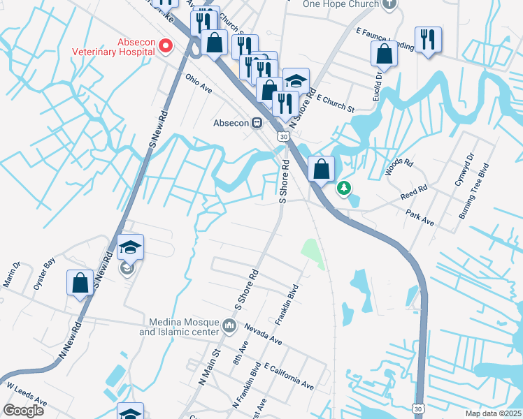 map of restaurants, bars, coffee shops, grocery stores, and more near 19 West Illinois Avenue in Absecon