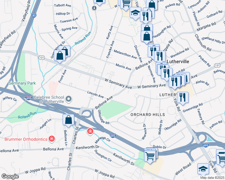 map of restaurants, bars, coffee shops, grocery stores, and more near 211B West Seminary Avenue in Timonium