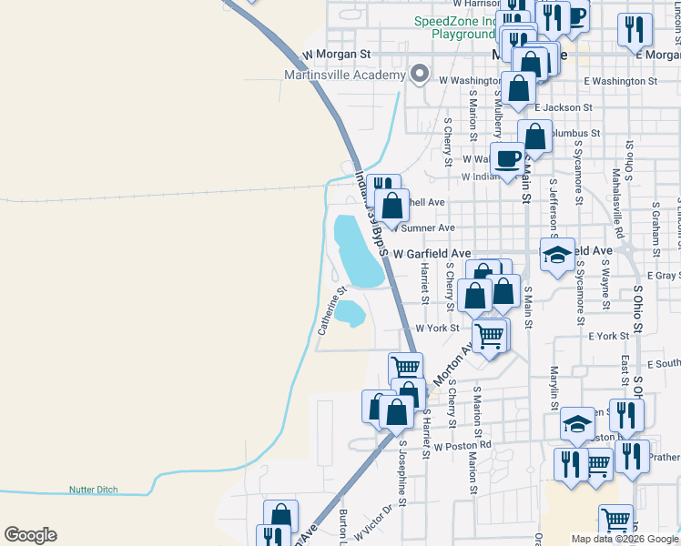 map of restaurants, bars, coffee shops, grocery stores, and more near 635 Mallards Crossing in Martinsville