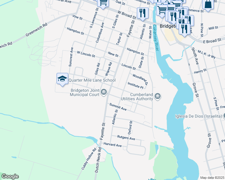 map of restaurants, bars, coffee shops, grocery stores, and more near 282 Fayette Street in Bridgeton