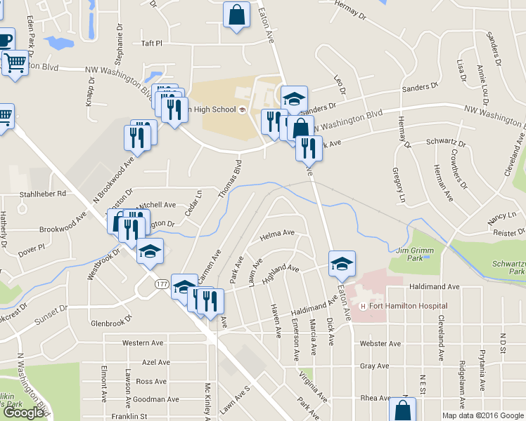 map of restaurants, bars, coffee shops, grocery stores, and more near 1463 Park Avenue in Hamilton
