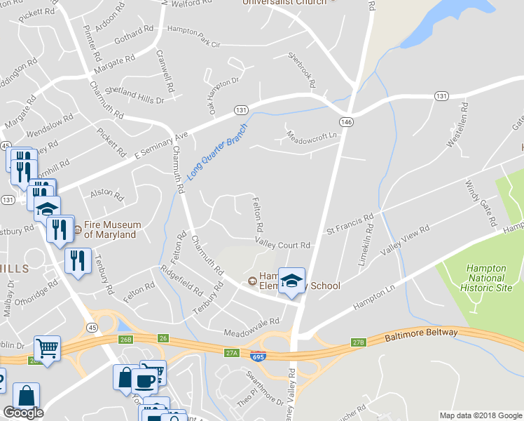 map of restaurants, bars, coffee shops, grocery stores, and more near 316 Felton Road in Lutherville-Timonium