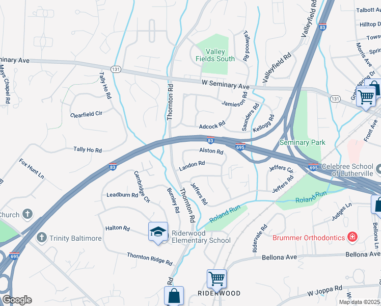 map of restaurants, bars, coffee shops, grocery stores, and more near 1619 Alston Road in Towson