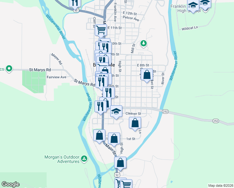 map of restaurants, bars, coffee shops, grocery stores, and more near 513 Franklin Avenue in Brookville