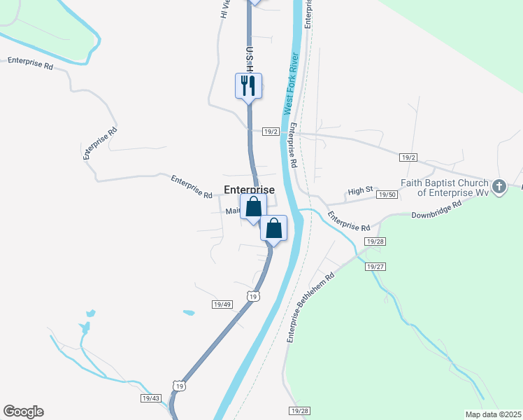 map of restaurants, bars, coffee shops, grocery stores, and more near 10 West Enterprise Road in Shinnston