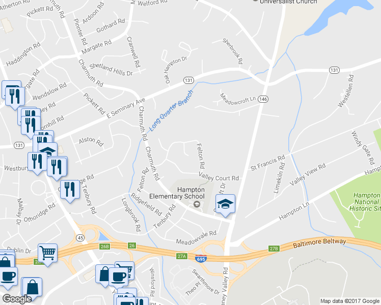 map of restaurants, bars, coffee shops, grocery stores, and more near 1203 Doragen Court in Lutherville-Timonium