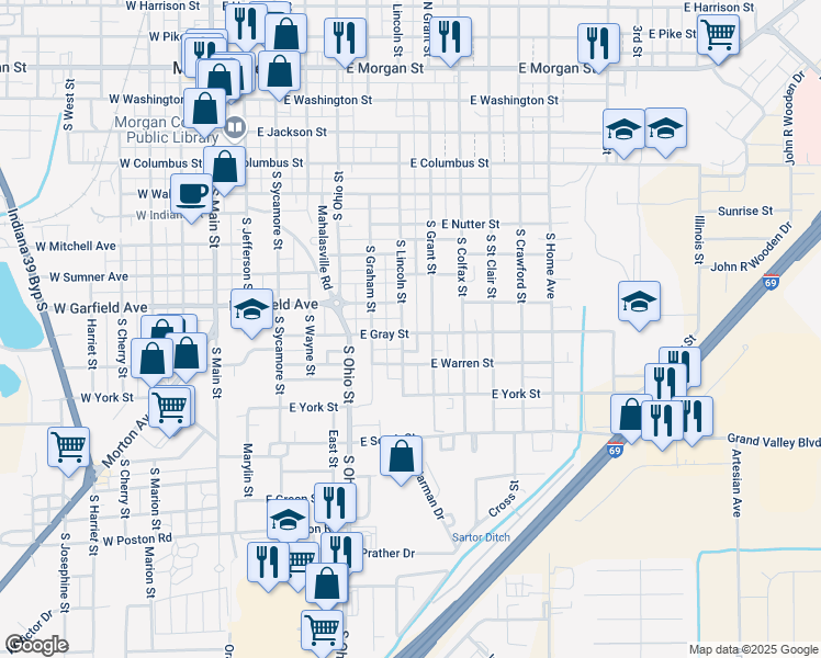 map of restaurants, bars, coffee shops, grocery stores, and more near 789 South Lincoln Street in Martinsville