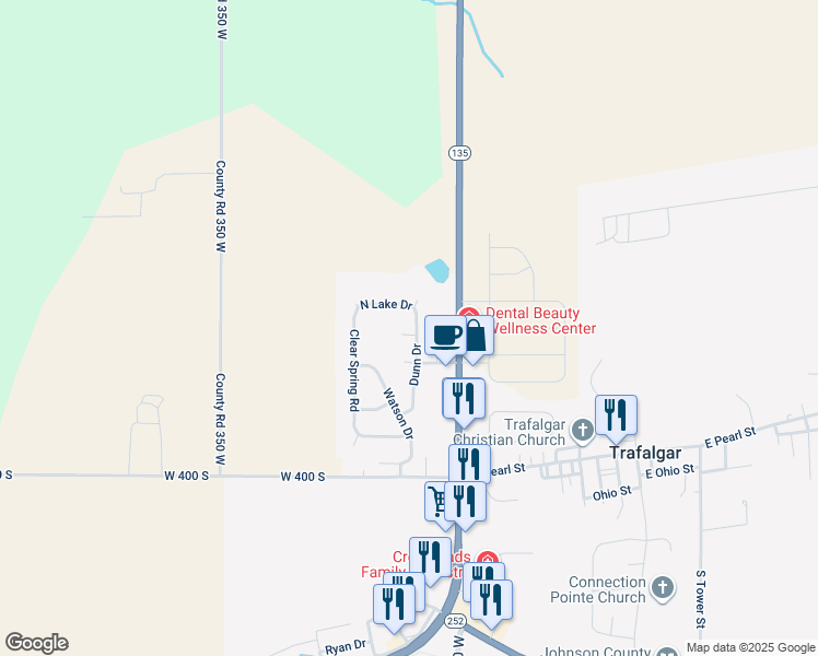 map of restaurants, bars, coffee shops, grocery stores, and more near 208 Dunn Dr in Trafalgar