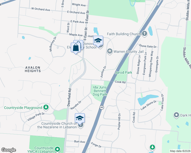 map of restaurants, bars, coffee shops, grocery stores, and more near 204 Cook Road in Lebanon