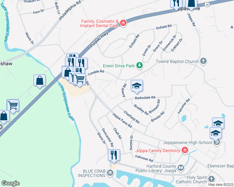 map of restaurants, bars, coffee shops, grocery stores, and more near 328 Adair Court in Harford County