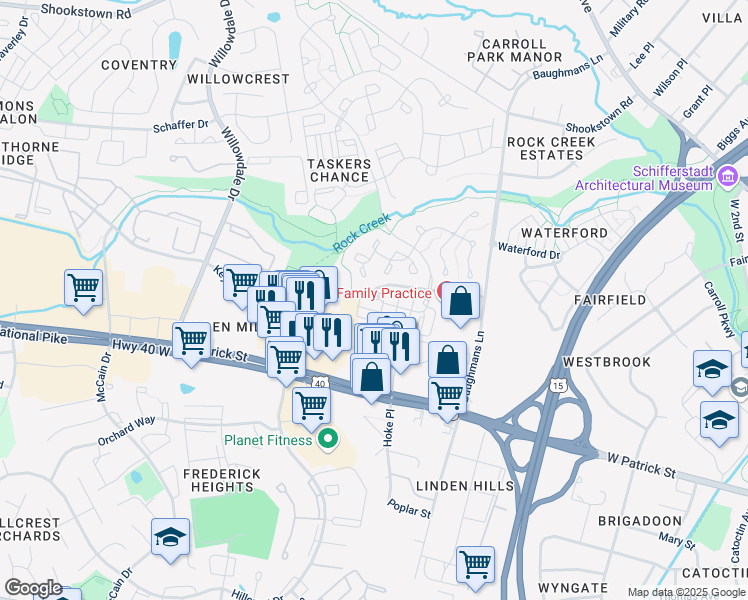 map of restaurants, bars, coffee shops, grocery stores, and more near Mountain Creek Circle in Frederick