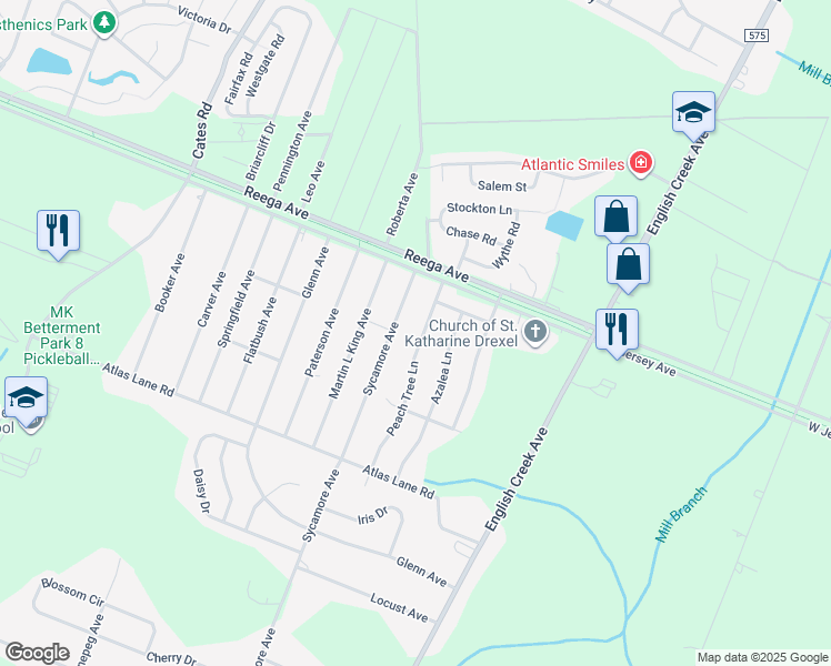 map of restaurants, bars, coffee shops, grocery stores, and more near 115 Peach Tree Lane in Egg Harbor Township
