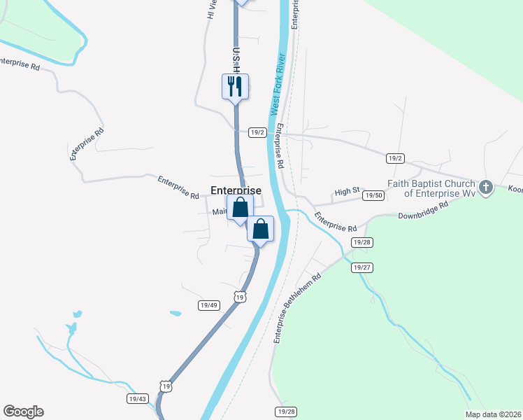 map of restaurants, bars, coffee shops, grocery stores, and more near 10 Enterprise Road in Shinnston