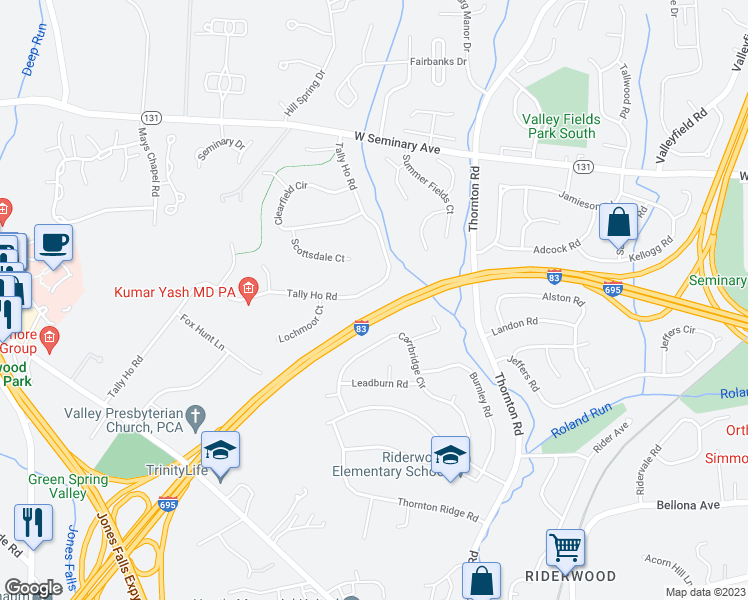 map of restaurants, bars, coffee shops, grocery stores, and more near 8343 Tally Ho Road in Lutherville-Timonium
