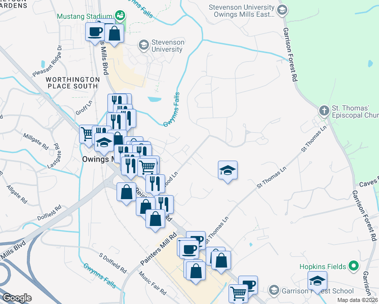 map of restaurants, bars, coffee shops, grocery stores, and more near 26 Deer Lodge Court in Owings Mills