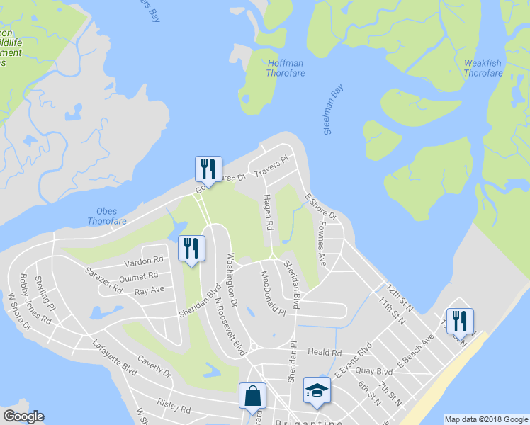 map of restaurants, bars, coffee shops, grocery stores, and more near 222 Hagen Road in Brigantine