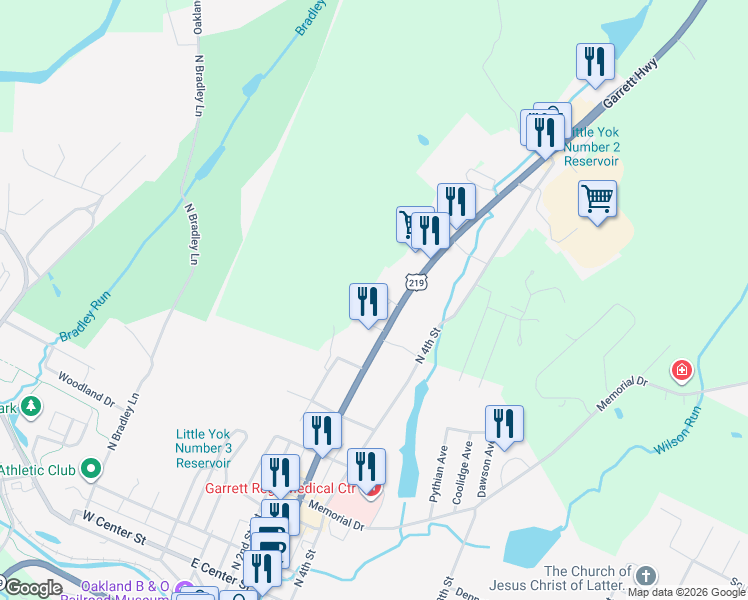 map of restaurants, bars, coffee shops, grocery stores, and more near 4000 Thayer Center in Oakland