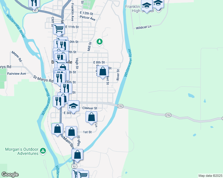 map of restaurants, bars, coffee shops, grocery stores, and more near 530 Market Street in Brookville