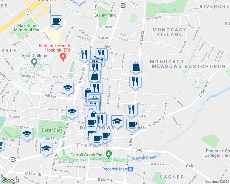map of restaurants, bars, coffee shops, grocery stores, and more near 120 East 5th Street in Frederick