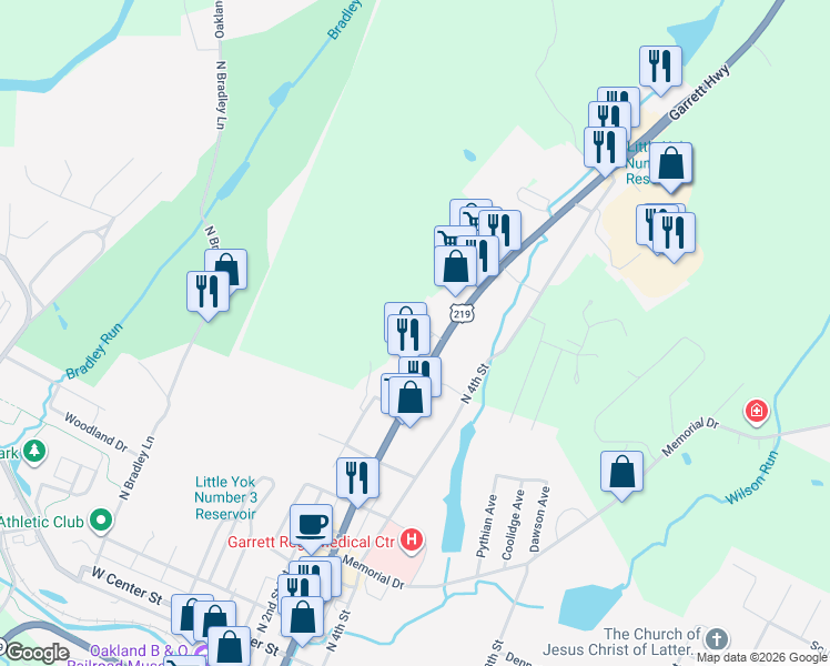 map of restaurants, bars, coffee shops, grocery stores, and more near 4000 Thayer Center in Oakland