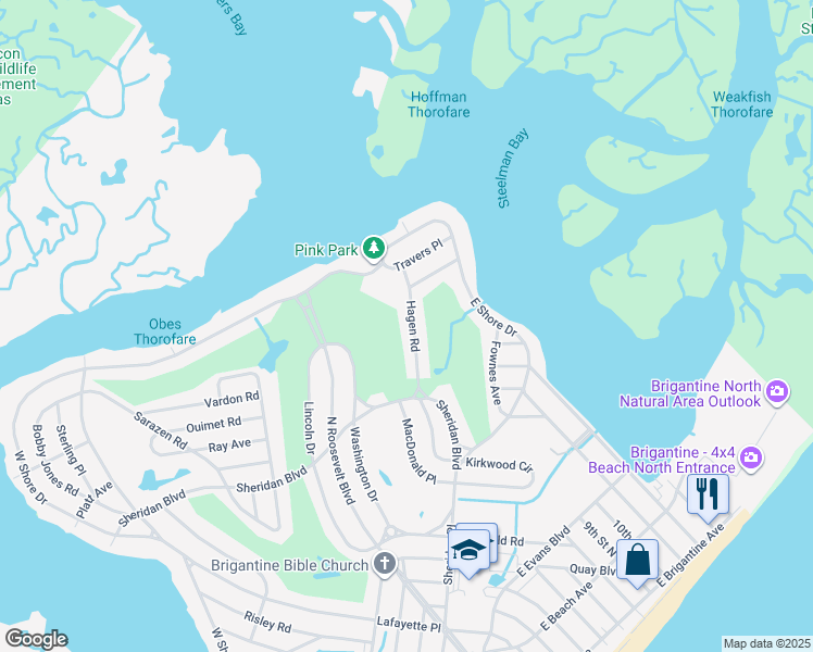 map of restaurants, bars, coffee shops, grocery stores, and more near 222 Hagen Road in Brigantine