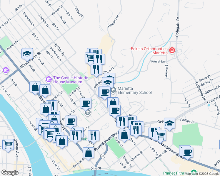 map of restaurants, bars, coffee shops, grocery stores, and more near 242 North 7th Street in Marietta