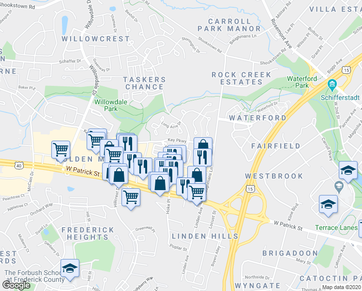 map of restaurants, bars, coffee shops, grocery stores, and more near 109 Wild Fig Court in Frederick