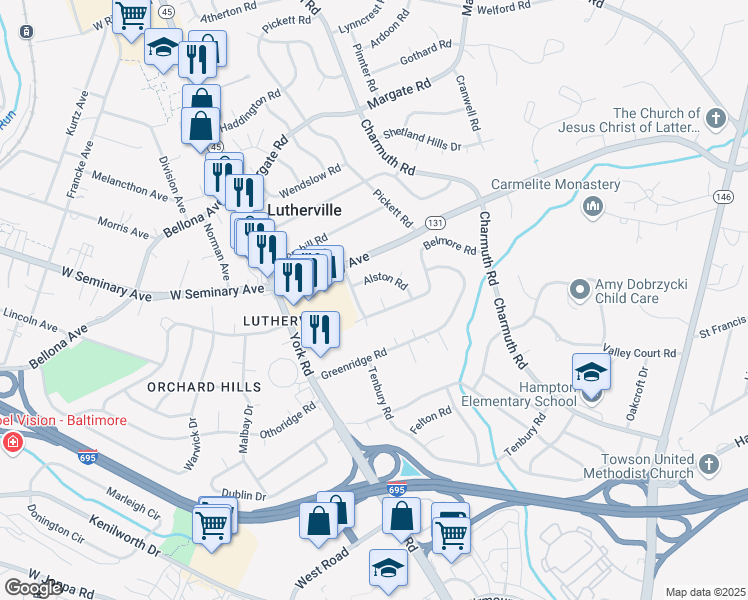 map of restaurants, bars, coffee shops, grocery stores, and more near 1402 Belmore Court in Lutherville-Timonium