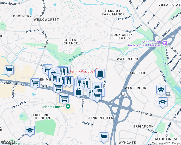 map of restaurants, bars, coffee shops, grocery stores, and more near 110 Royal Bonnet Place in Frederick
