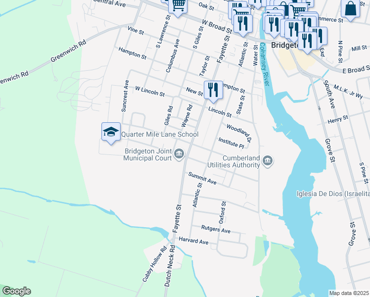 map of restaurants, bars, coffee shops, grocery stores, and more near 282 Fayette Street in Bridgeton