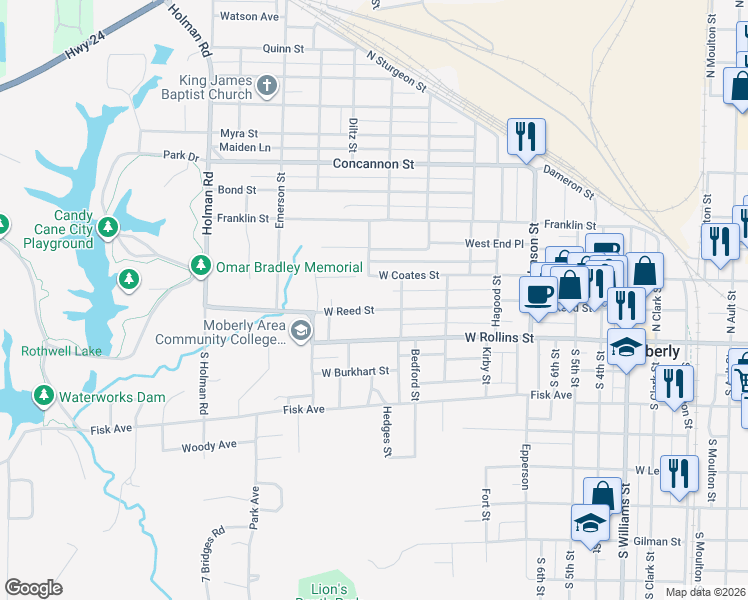 map of restaurants, bars, coffee shops, grocery stores, and more near 901-999 W Reed St in Moberly