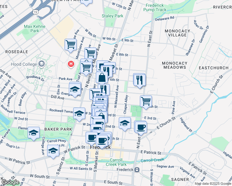 map of restaurants, bars, coffee shops, grocery stores, and more near 36 East 5th Street in Frederick