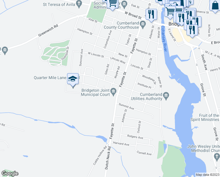 map of restaurants, bars, coffee shops, grocery stores, and more near 111 Wayne Road in Bridgeton